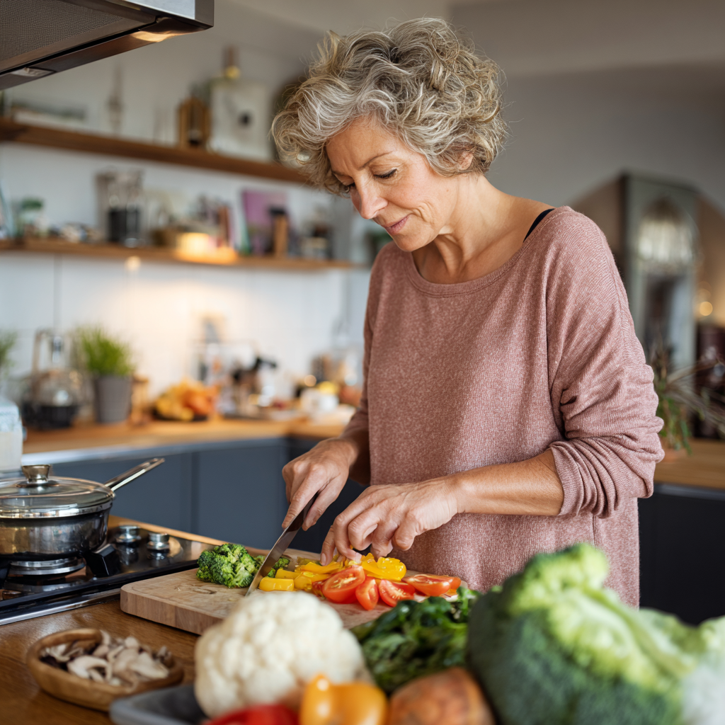 Middle-aged woman preparing healthy meal in modern kitchen